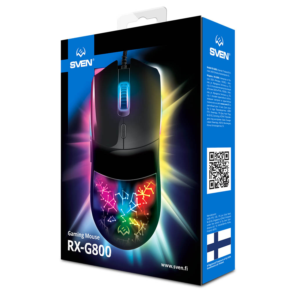 Мышь проводная SVEN RX-G800, игровая, LED подсветка, бесшумные кнопки, 7200 DPI, цвет черный