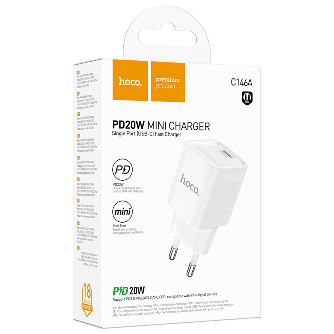 СЗУ (Сетевое зарядное устройство) HOCO C146A Charm, 20W, 1 USB Type C, PD20W, цвет белый