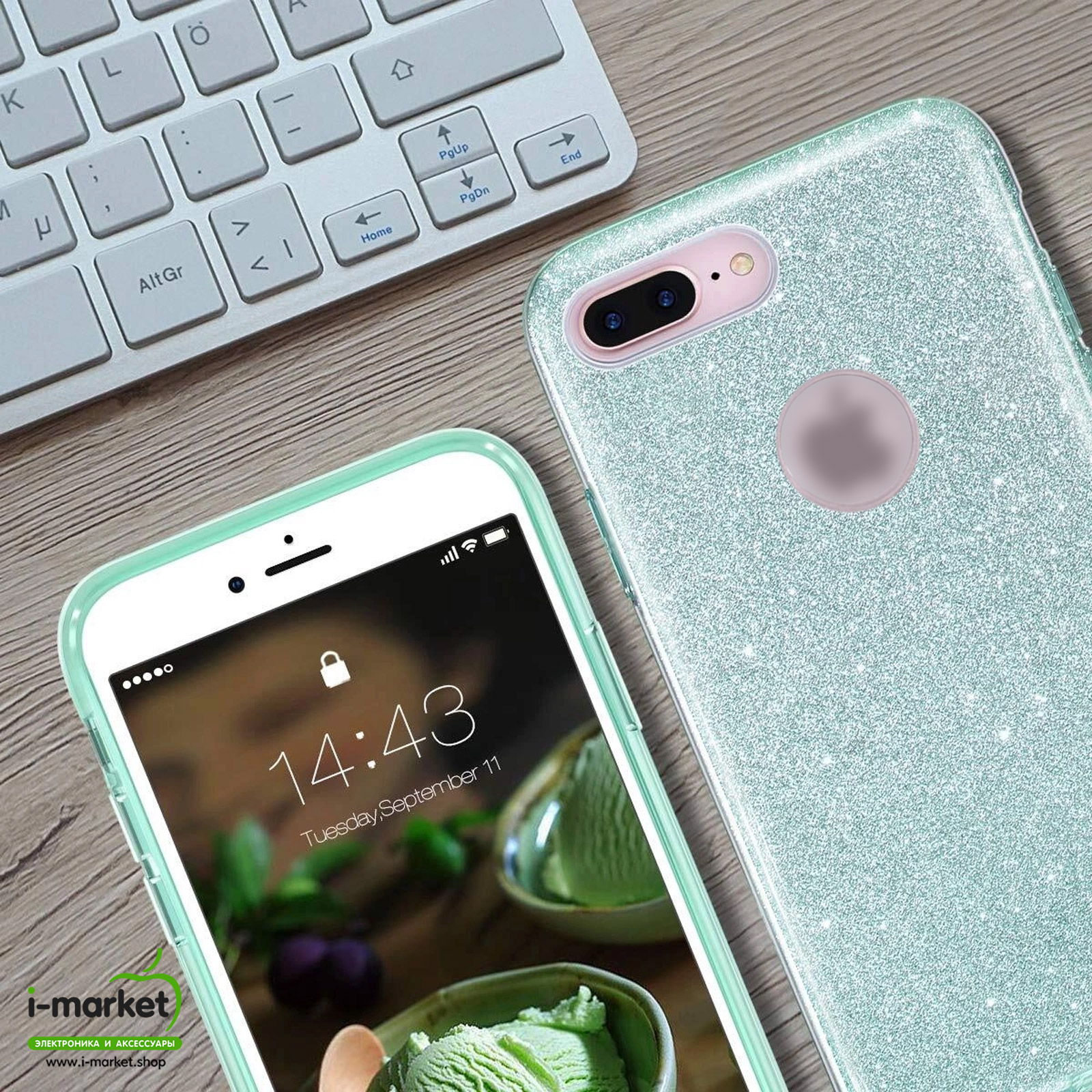 Чехол накладка Shine для APPLE iPhone 7 Plus, iPhone 8 Plus, силикон, блестки, цвет зеленый