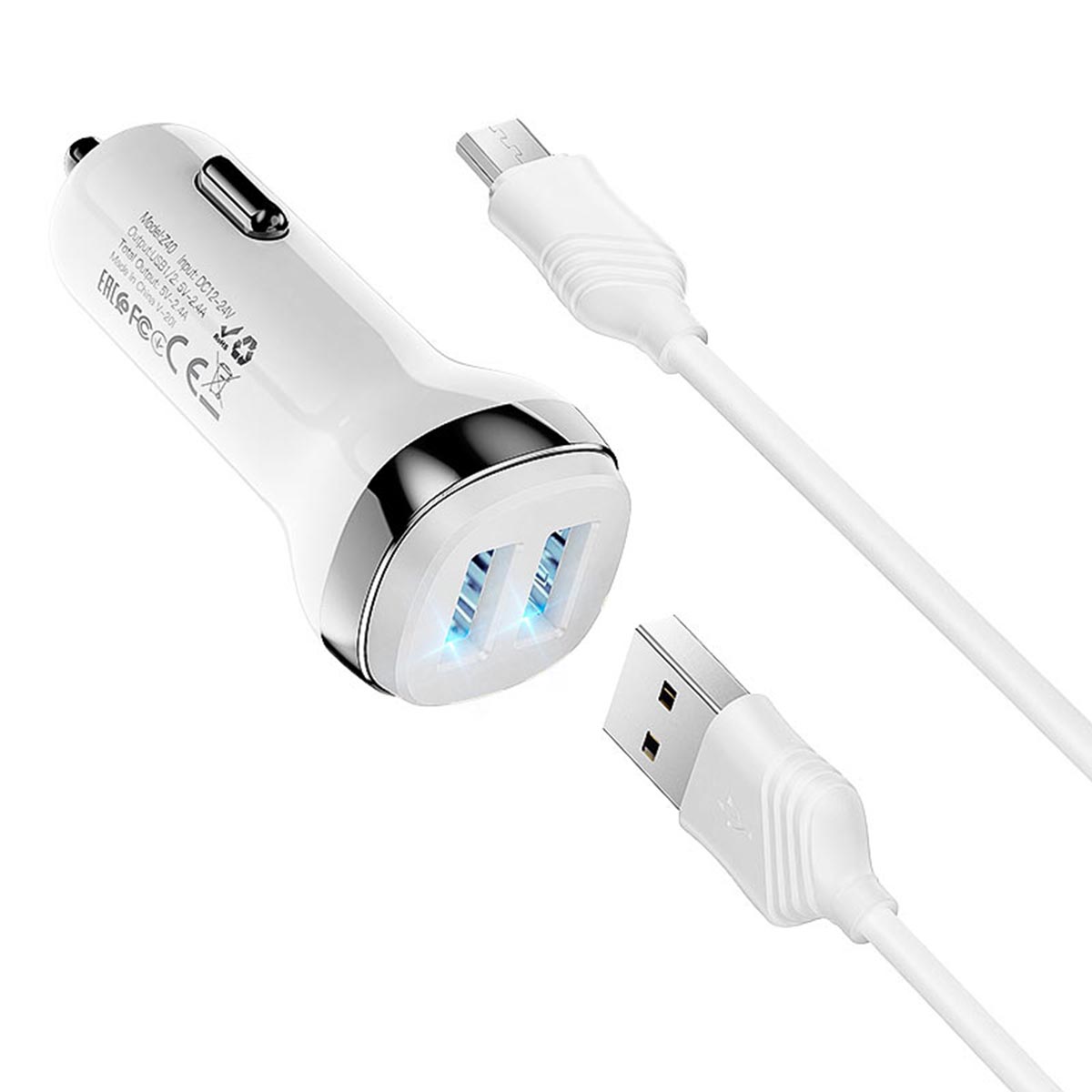 АЗУ (автомобильное зарядное устройство) HOCO Z40 Superior, 2 USB порта, кабель Type-C, 1 метр, цвет белый