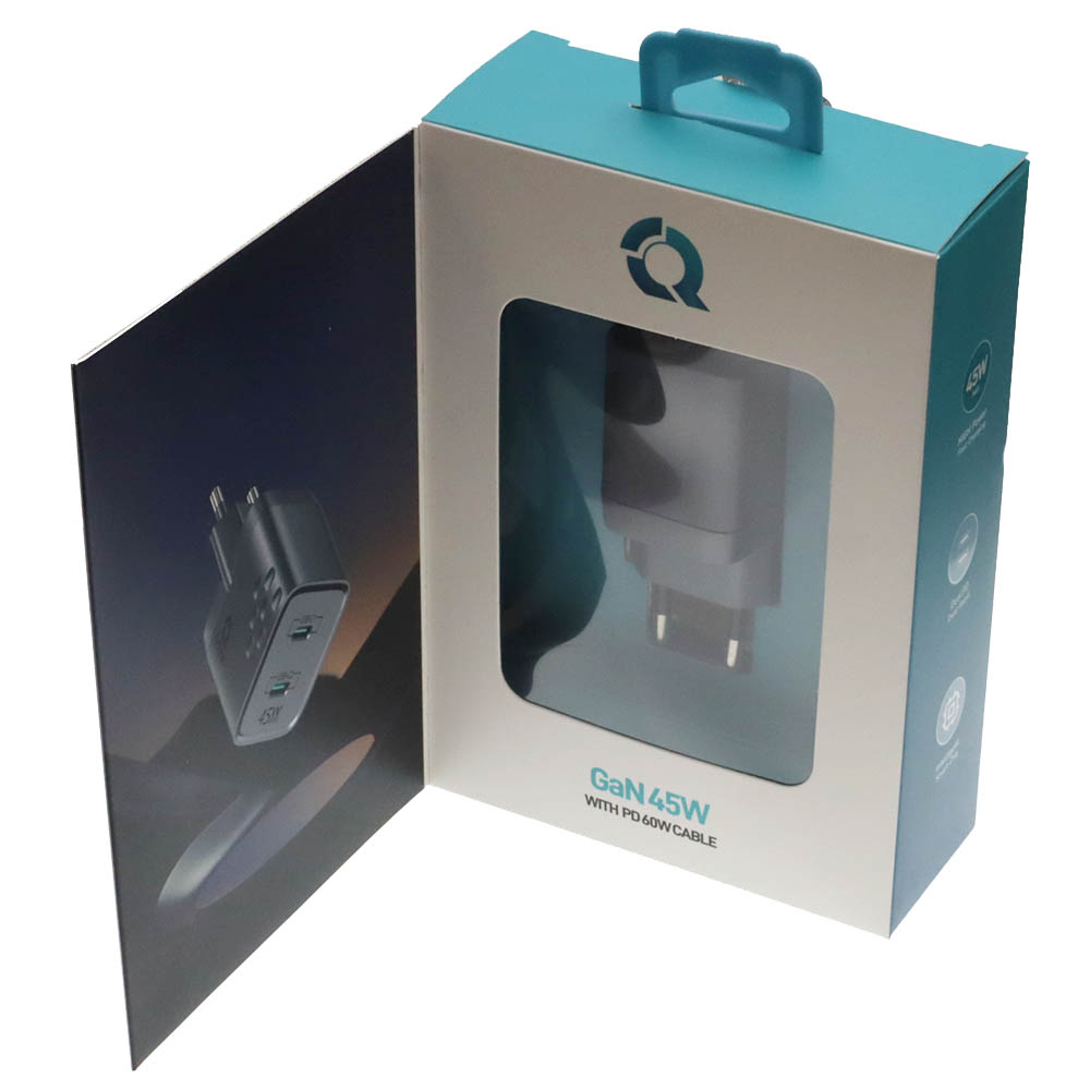 СЗУ (Сетевое зарядное устройство) QAYAN QHC-145 Gan45WKIT с кабелем USB Type C на USB Type C, 45W, 2 USB Type C, длина 1.2 метра, цвет темно серебристый