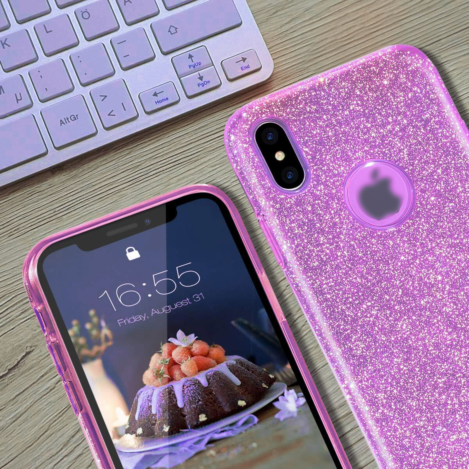 Чехол накладка Shine для APPLE iPhone X, iPhone XS, силикон, блестки, цвет пурпурный