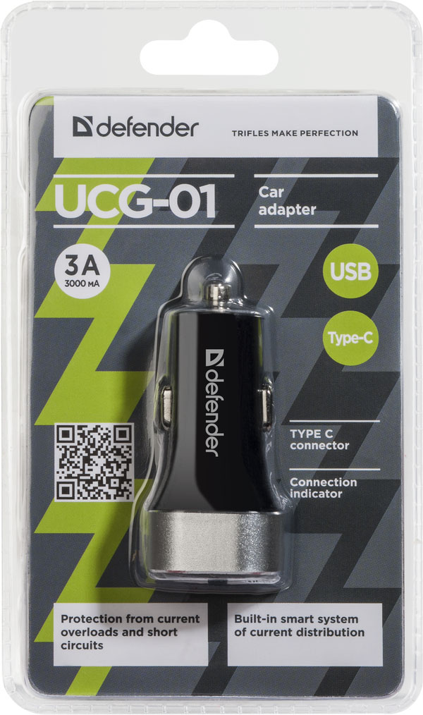 Автомобильный адаптер Defender UCG-01 1 порт USB + TypeC, 5V / 5.4A.