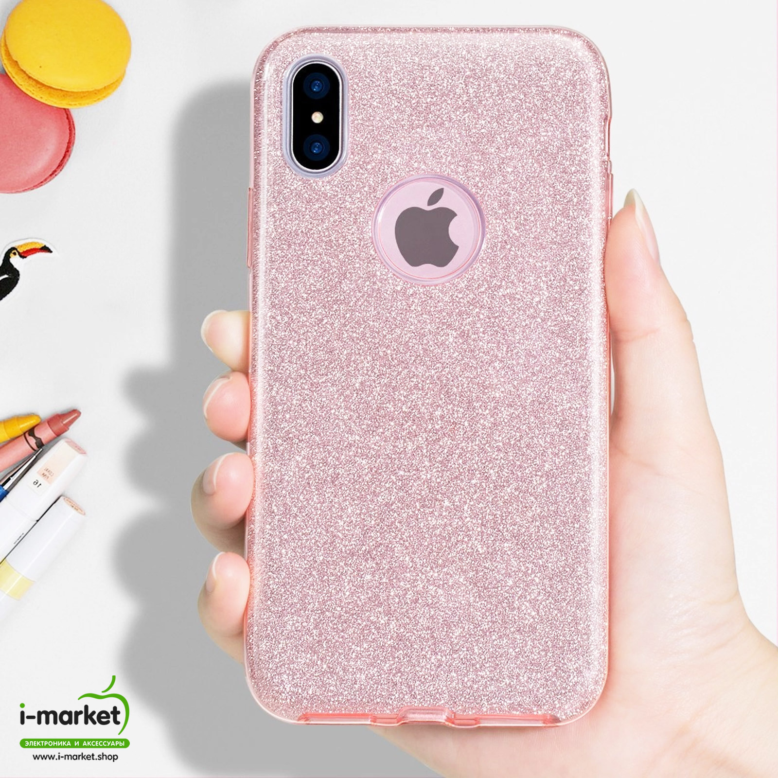 Чехол накладка Shine для APPLE iPhone X, iPhone XS, силикон, блестки, цвет розовый