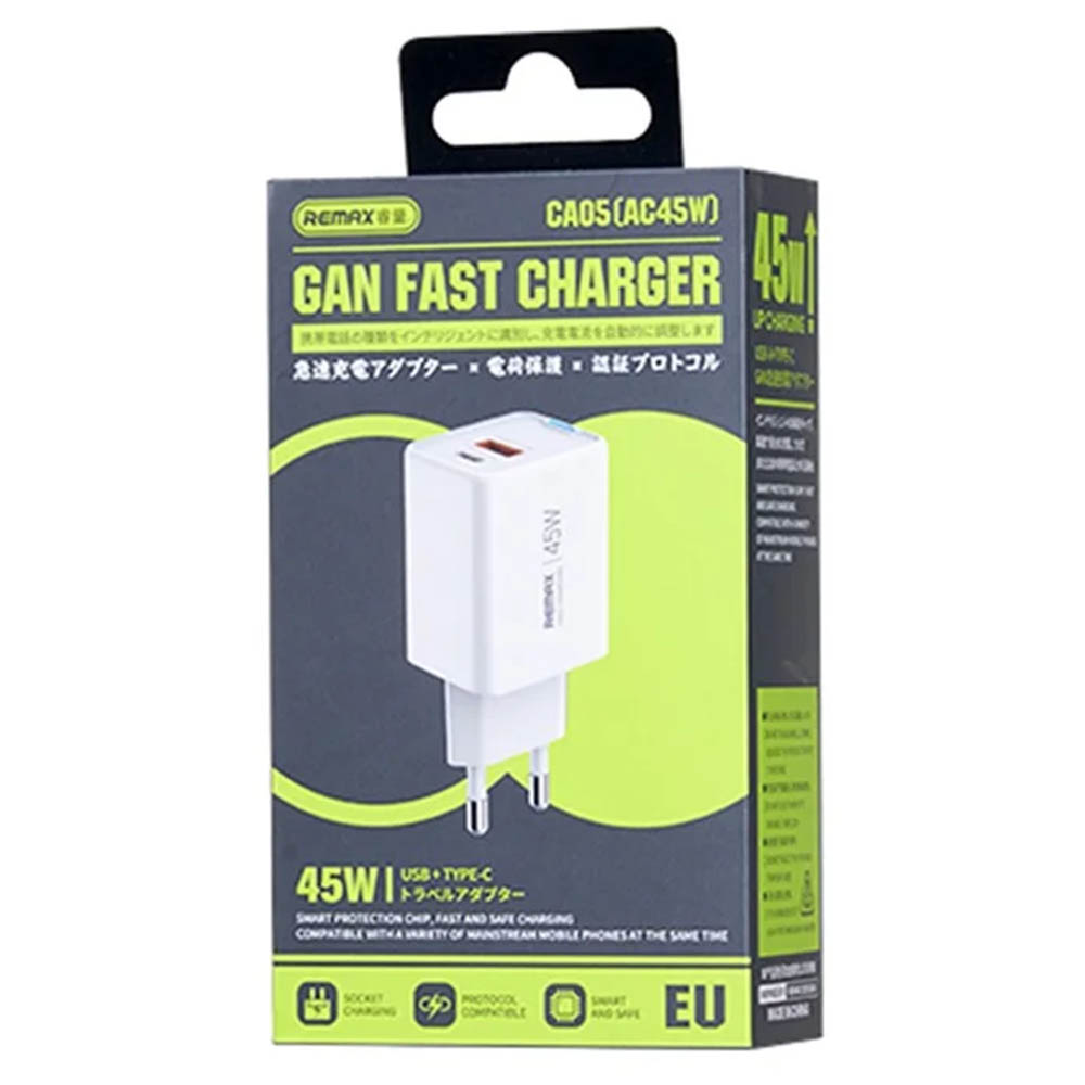 СЗУ (Сетевое зарядное устройство) REMAX GaN CA05 AC45W, 45W, 1 USB Type C, 1 USB, цвет белый СЗУ (Сетевое зарядное устройство) REMAX GaN CA05 AC45W, 45W, 1 USB Type C, 1 USB, цвет белый