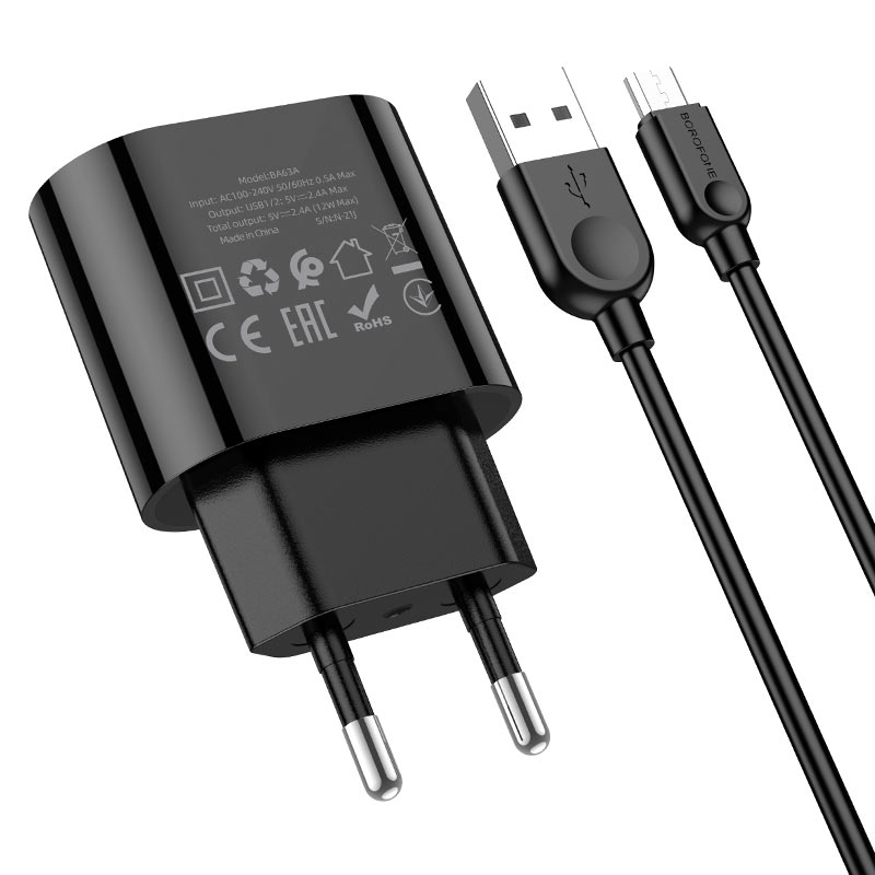 СЗУ (Сетевое зарядное устройство) BOROFONE BA63A Richy с кабелем Micro USB, 12W, 2.4A, длина 1 метр, цвет черный