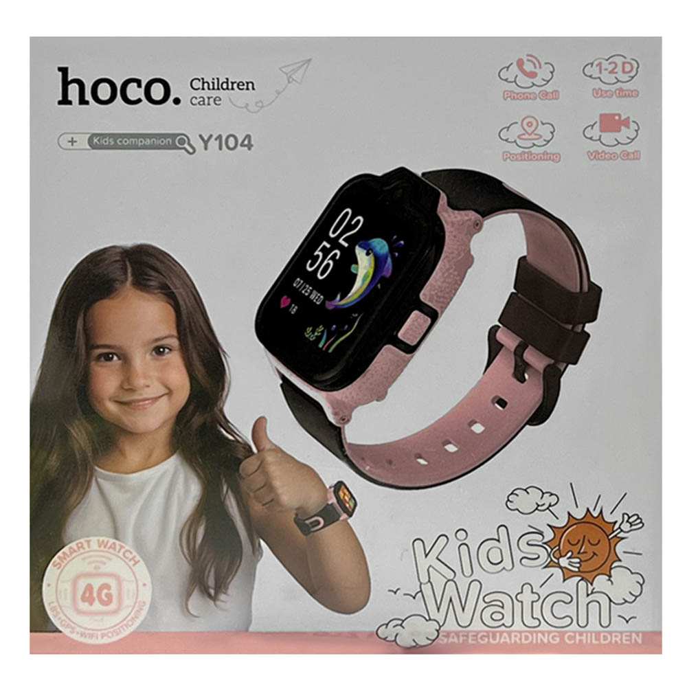 Умные часы для детей HOCO Y104, слот SIM, GPS, Wi-Fi, 4G, камера, 700mAh, цвет черно розовый