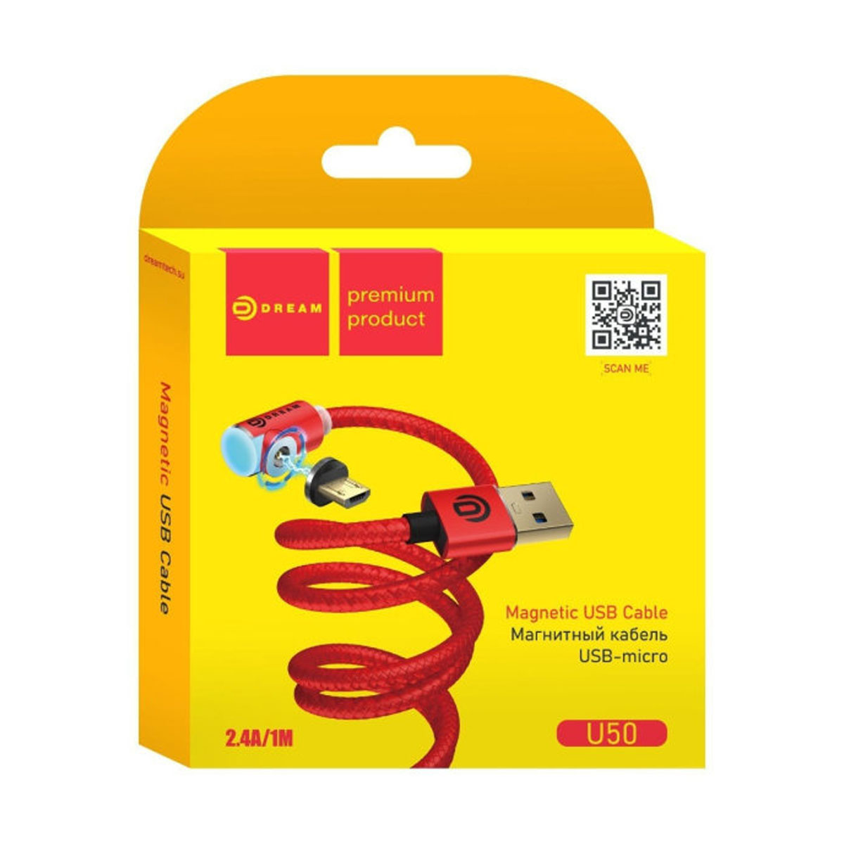 Магнитный зарядный кабель DREAM U50 Micro USB, 2.4A, длина 1 метр, цвет красный