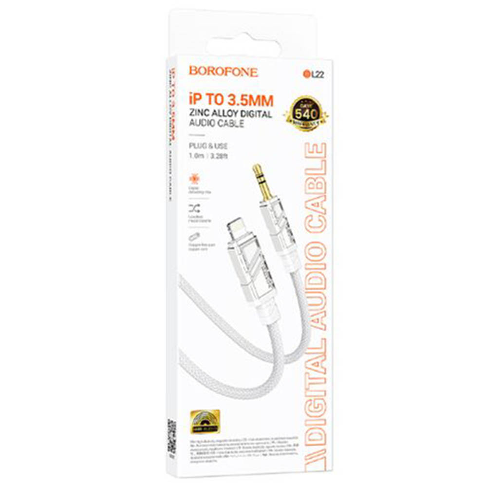 Аудио кабель, переходник BOROFONE BL22 Dignity Lightning 8-pin на AUX (Jack 3.5 мм), длина 1 метр, цвет белый