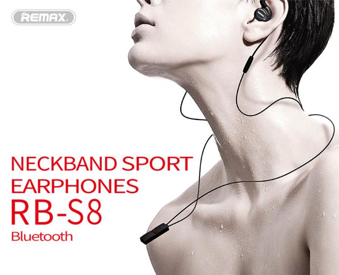 Гарнитура (наушники с микрофоном) беспроводная, REMAX Neckband Sport Earphones RB-S8, цвет черный.
