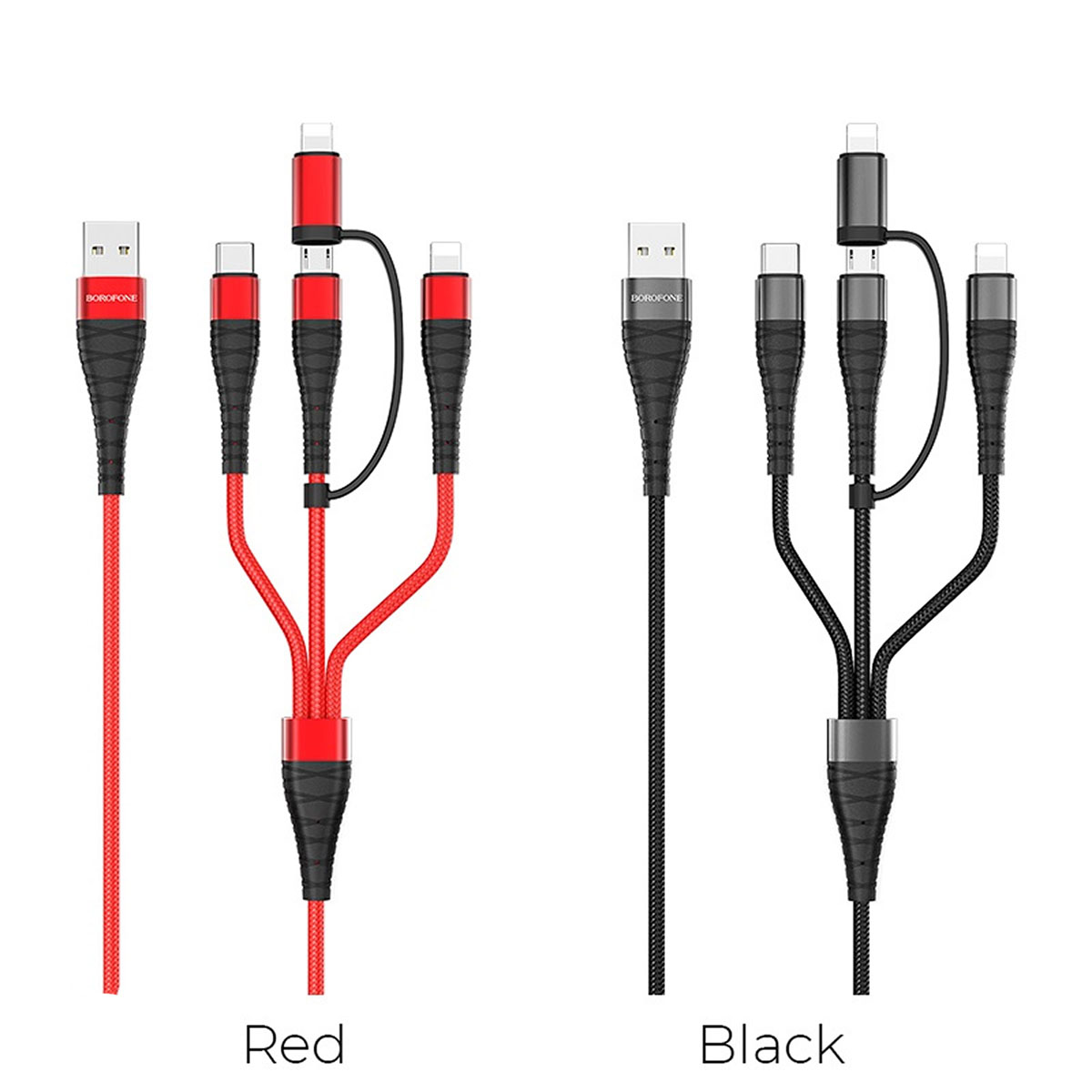 BOROFONE BX32 Munificent, кабель 4 в 1 APPLE Lightning - 2 шт., Micro-USB, Type-C USB-C, 1 метр, цвет черный.