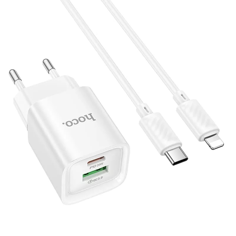 СЗУ (Сетевое зарядное устройство) с кабелем Type-C на Lightning 8-pin HOCO C147A, 1 USB 18W, 1 USB Type C 20W, PD20W, QC3.0, длина кабеля 1 метр, цвет белый