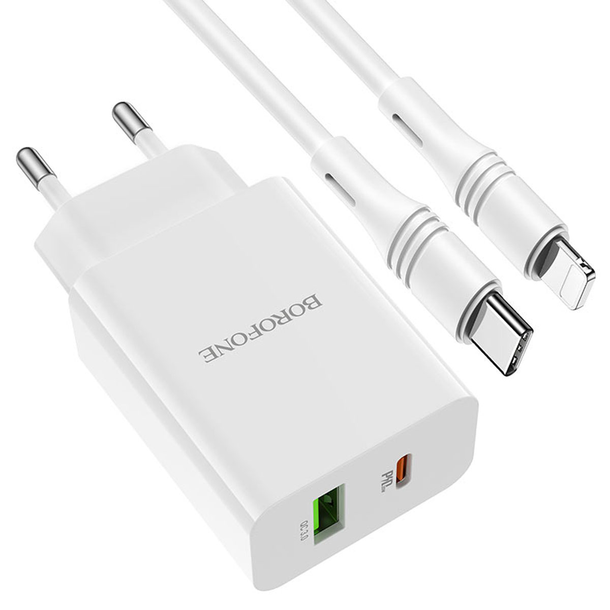 СЗУ (Сетевое зарядное устройство) BOROFONE BA56A Lavida c кабелем USB Type C на Lightning 8 pin, 20W, QC3.0, длина 1 метр, цвет белый