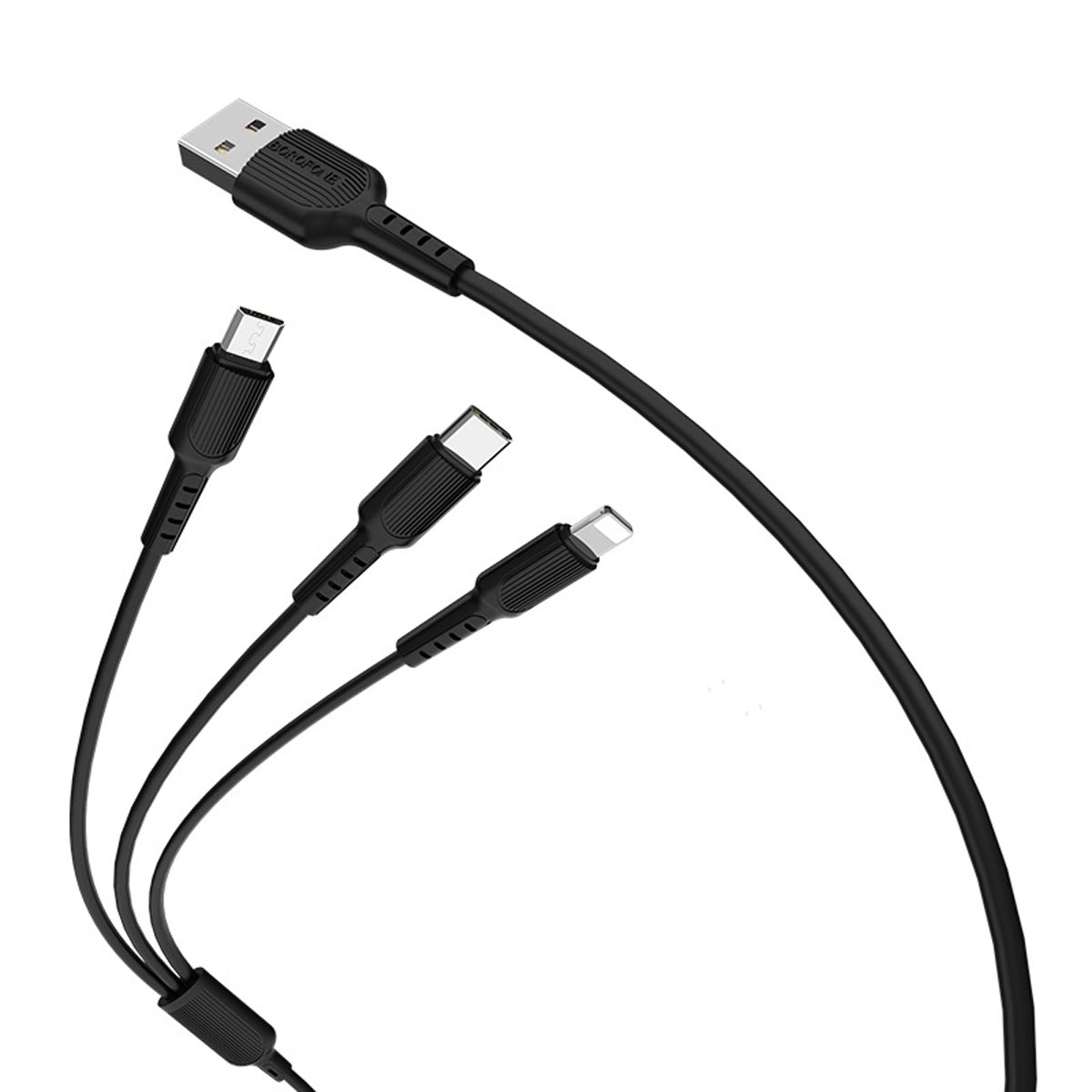 Кабель BOROFONE BX16 Easy Micro USB, APPLE Lightning 8 pin, USB Type-C, 2.4A, длина 1 метр, силикон, цвет черный