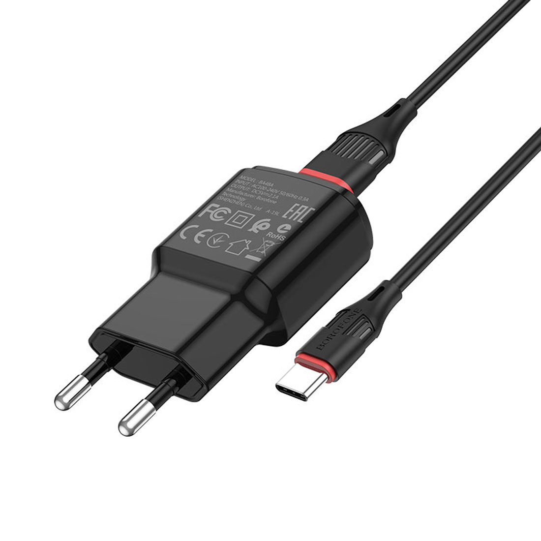 СЗУ (Сетевое зарядное устройство) BOROFONE BA48A Orion с кабелем USB Type C, 2.1A, 1 USB, длина 1 метр, цвет черный