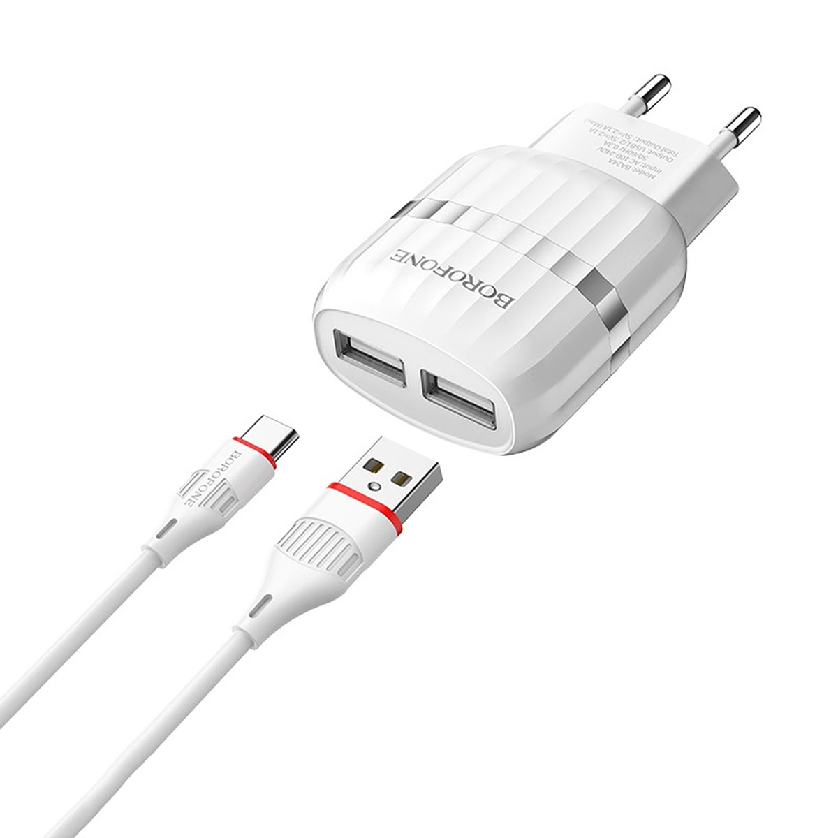 BOROFONE BA24A Vigour СЗУ 2 в 1 (сетевое зарядное устройство 5V-2.1A) + кабель USB-C aka Type-C, длина 1 метр, цвет белый.