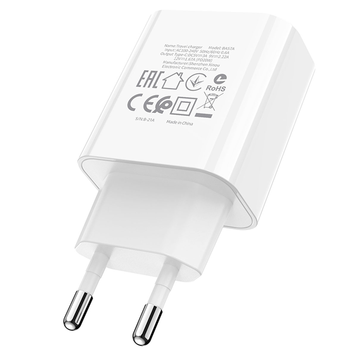 СЗУ (Сетевое зарядное устройство) BOROFONE BA57A Easy Speed, 20W, QC3.0, 1 USB Type C, цвет белый