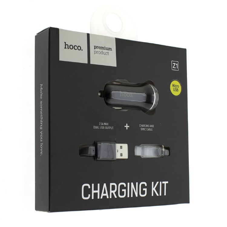 HOCO Z1 АЗУ (автомобильное зарядное устройство) 2 USB порта + Дата-кабель APPLE Lightning 8-pin 1 метр, чёрного цвета.