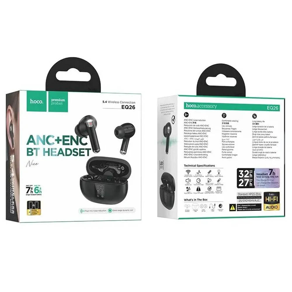 Гарнитура (наушники с микрофоном) беспроводная, HOCO EQ26 Nice True, LCD дисплей, ANC, ENC, цвет черный