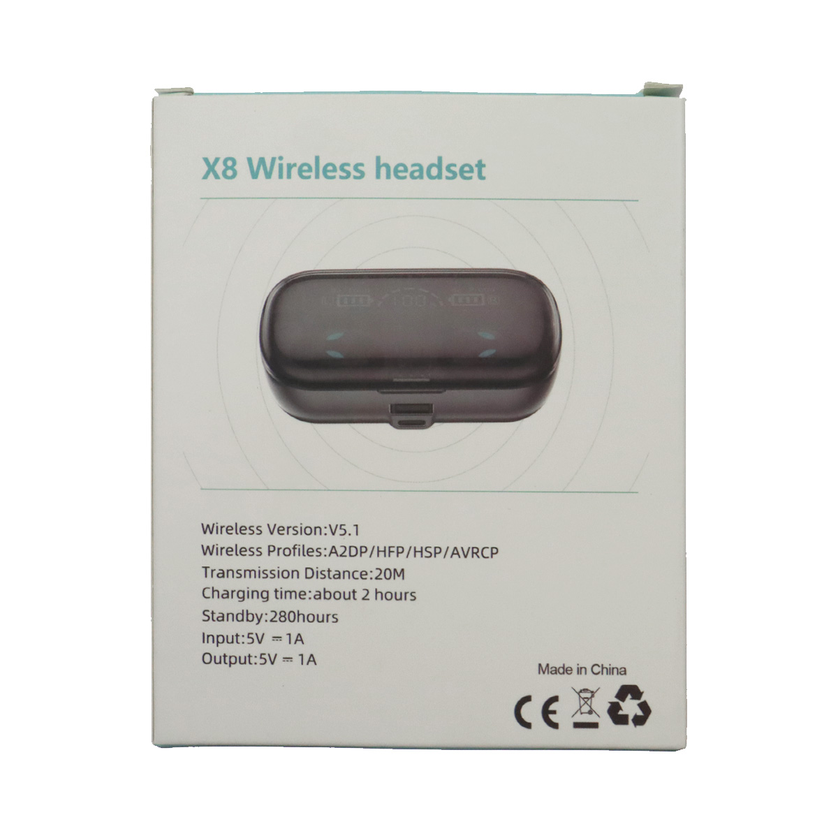Гарнитура (наушники с микрофоном) беспроводная True Wireless Headset X8, встроенный Power Bank, цвет черный
