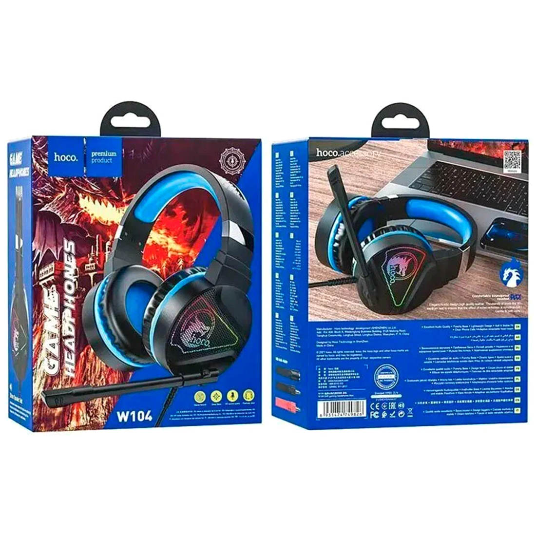 Игровая гарнитура (наушники с микрофоном) проводная, полноразмерная, HOCO W104 Drift, RGB подсветка, цвет синий