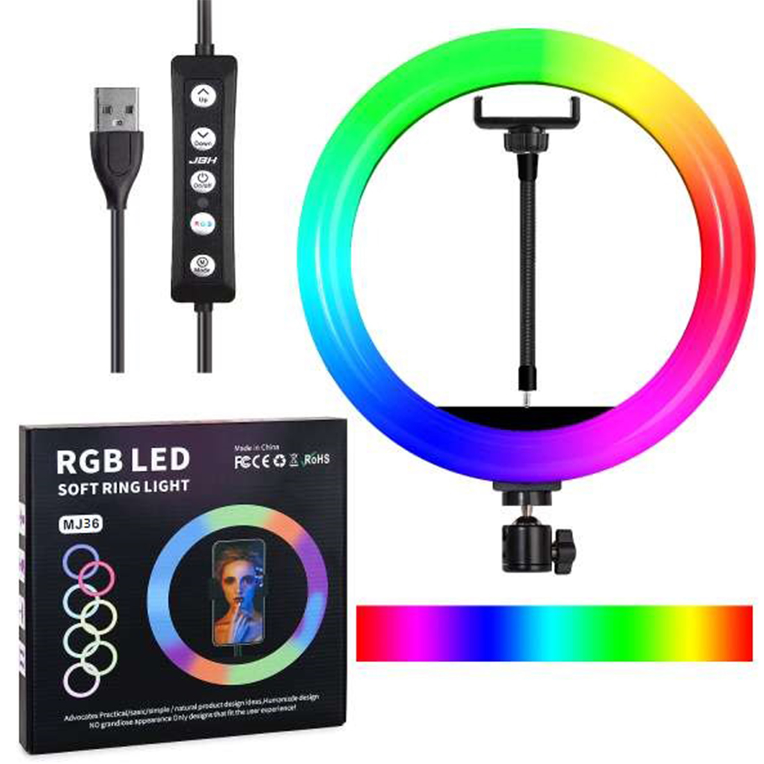 Цветная RGB кольцевая светодиодная лампа MJ36 - 36 см, со штативом 1.9 м