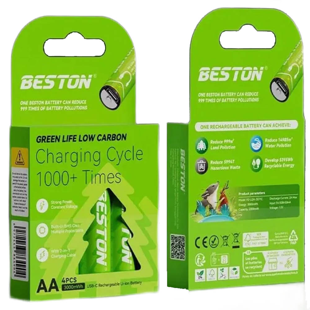 Аккумулятор с входом Type-C BESTON AA, BL4, 2000 mAh 1.5 V, кабель USB на 2 Type-C (Продажа комплектом)