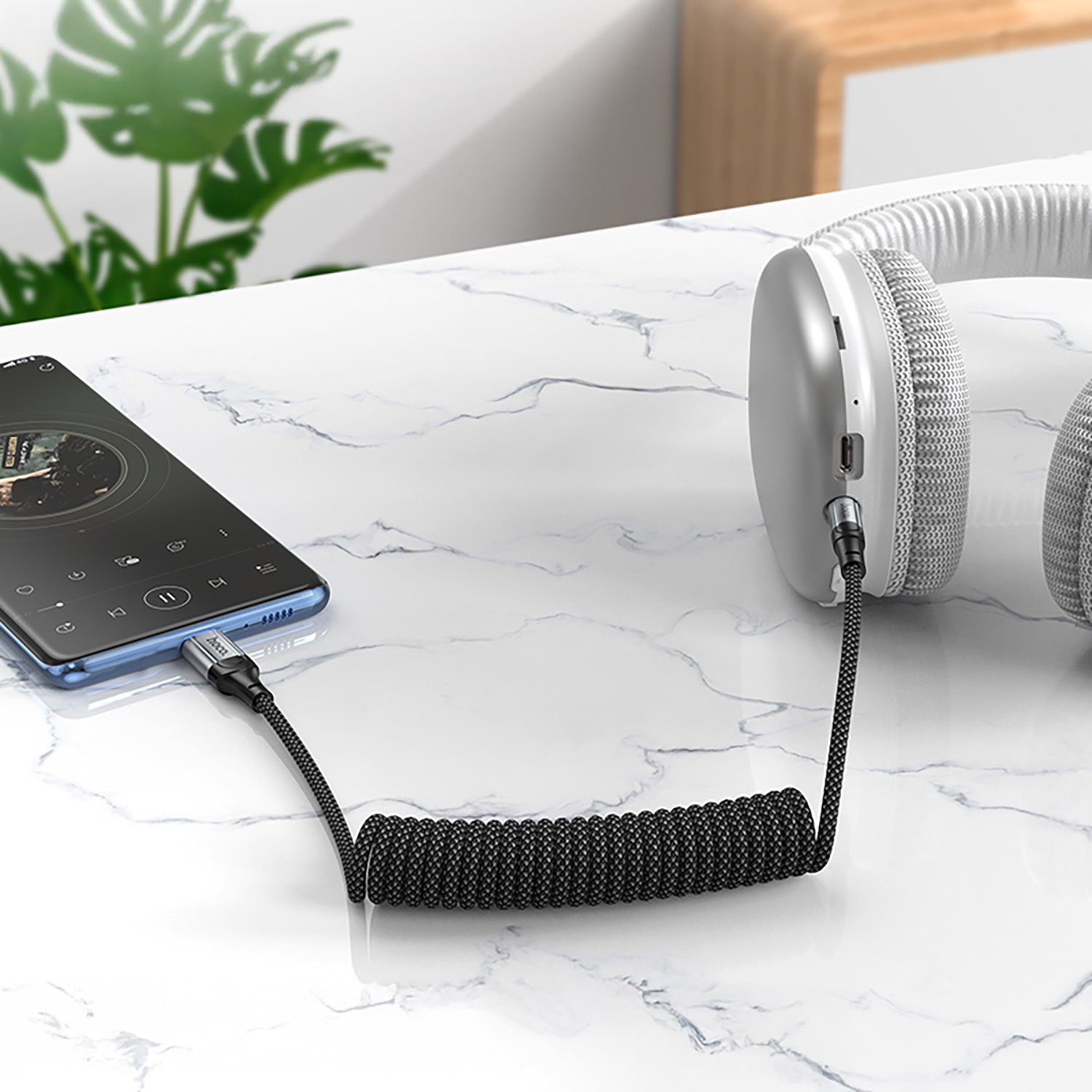 Аудио кабель, переходник HOCO UPA33B AUX (Jack 3.5 мм) на USB-C Type-C, растягивается до 1.5 метра, цвет черный