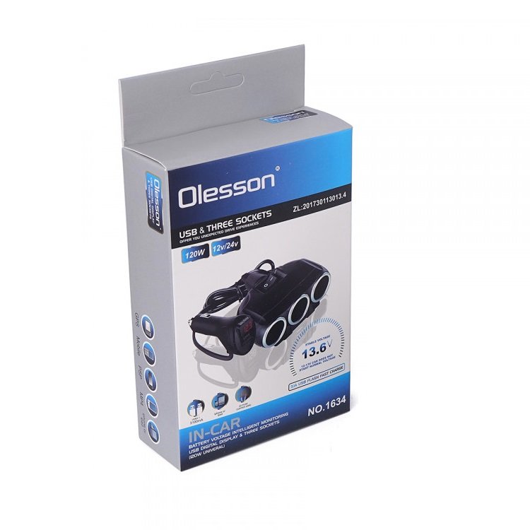 Автомобильный разветвитель OLESSON 1634, 120W, 12/24V, 3 выхода, 1 USB вход с LCD индикацией, цвет черный