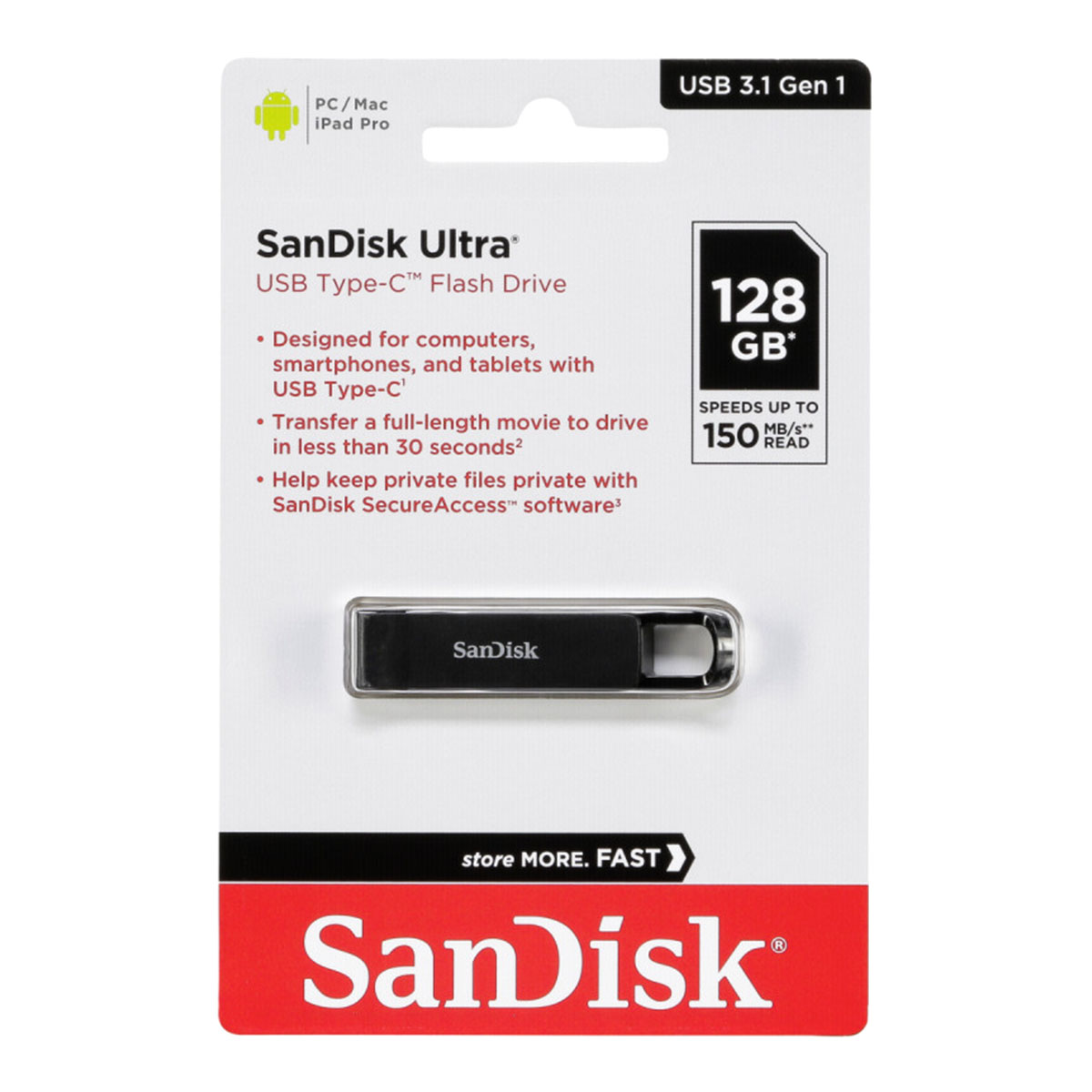 Флешка USB Type-C SanDisk Ultra 128GB, USB Type-C, цвет черный