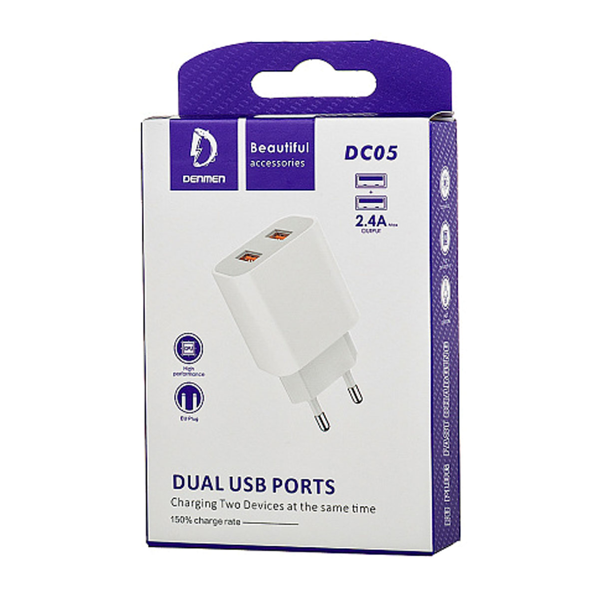 СЗУ (Сетевое зарядное устройство) DENMEN DC05, 2.4A, 2 USB, цвет белый