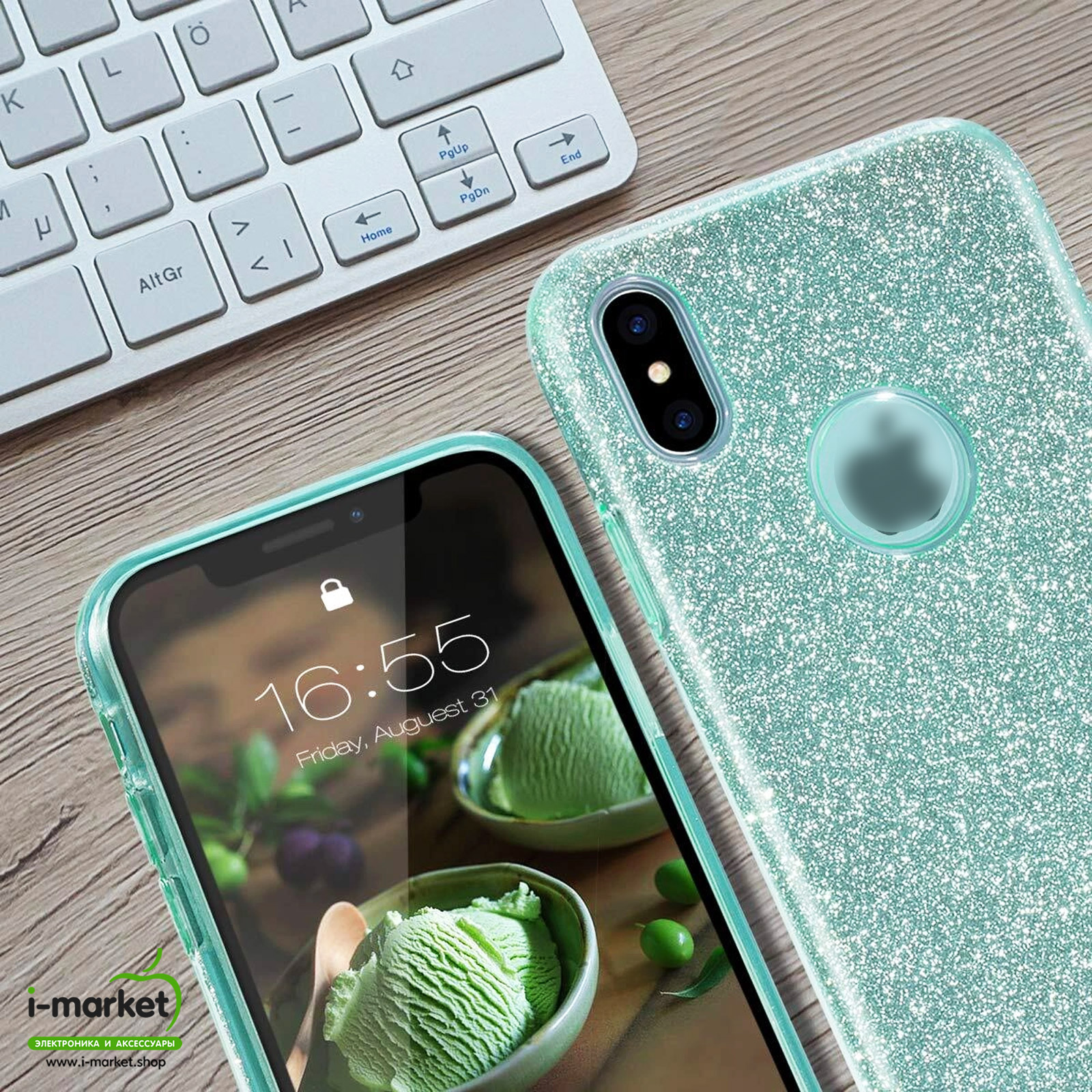 Чехол накладка Shine для APPLE iPhone X, iPhone XS, силикон, блестки, цвет бирюзовый