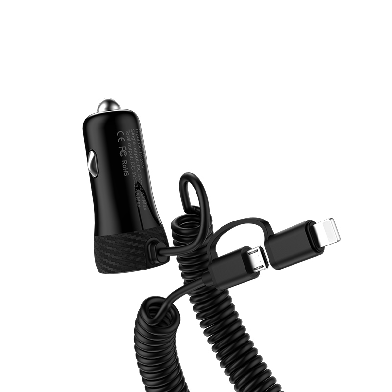 HOCO Z21A АЗУ (Автомобильное зарядное устройство) с одним USB портом и со встроенным кабелем APPLE lightning 8 pin (1USB, 2.4A), цвет черный.
