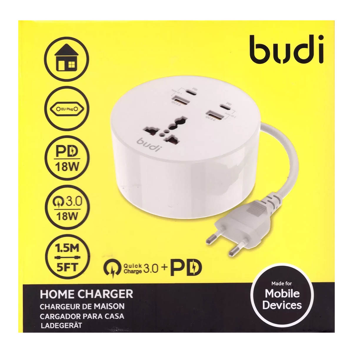 Сетевой удлинитель BUDI M8J308RE, 2 USB (QC 3.0), Type-C (PD) длина 1.5 м, 36 Вт, цвет белый