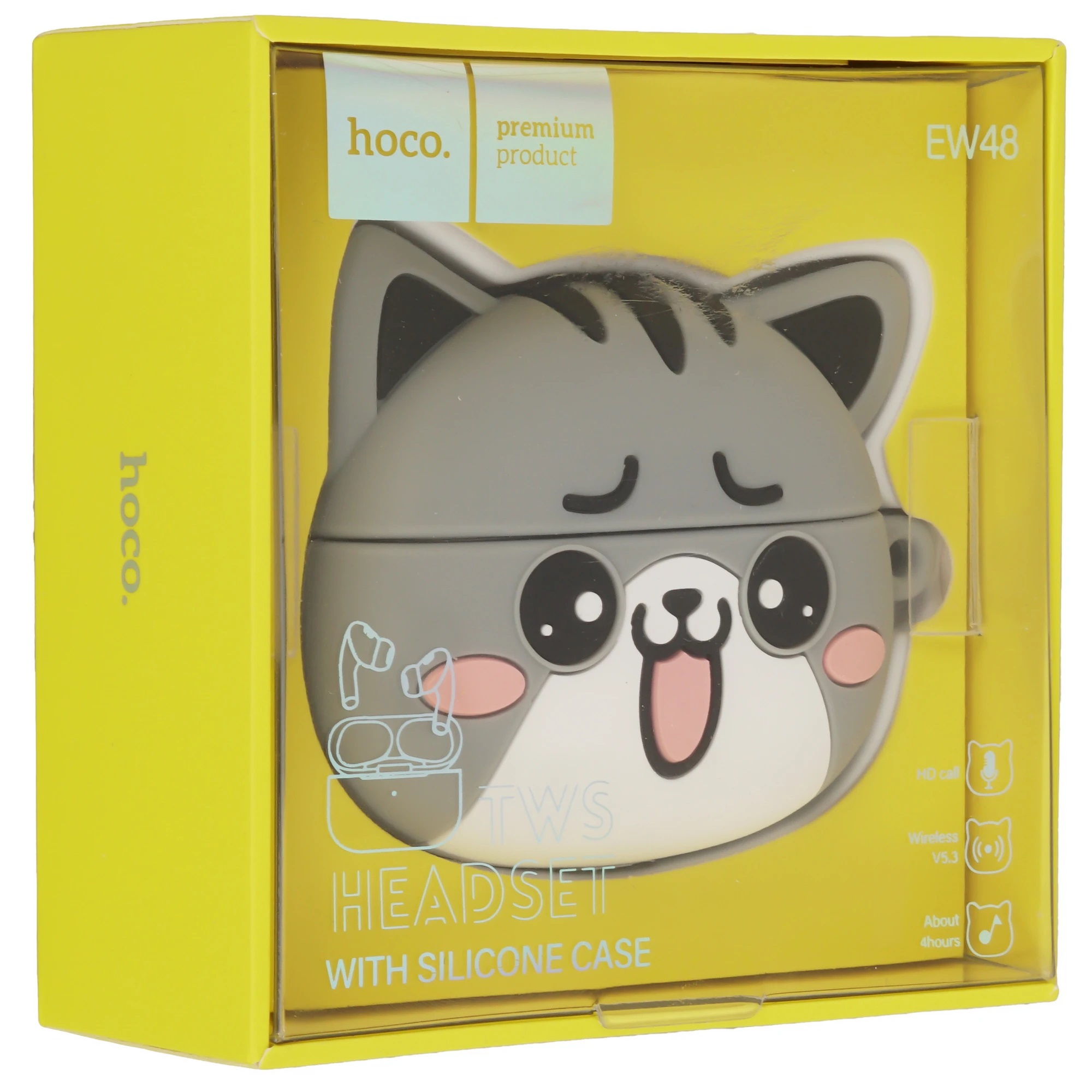 Гарнитура (наушники с микрофоном) беспроводная TWS HEADSET, HOCO EW48 Misty Cat, с силиконовым футляром серый кот