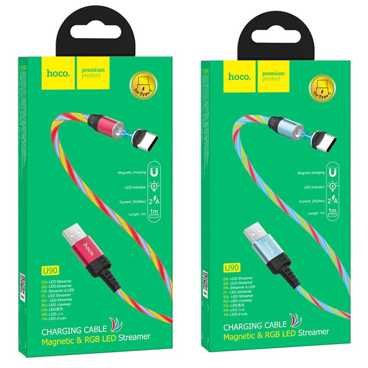 Магнитный зарядный кабель HOCO U90 USB Type C, LED подсветка, 2A, длина 1 метр, цвет красный