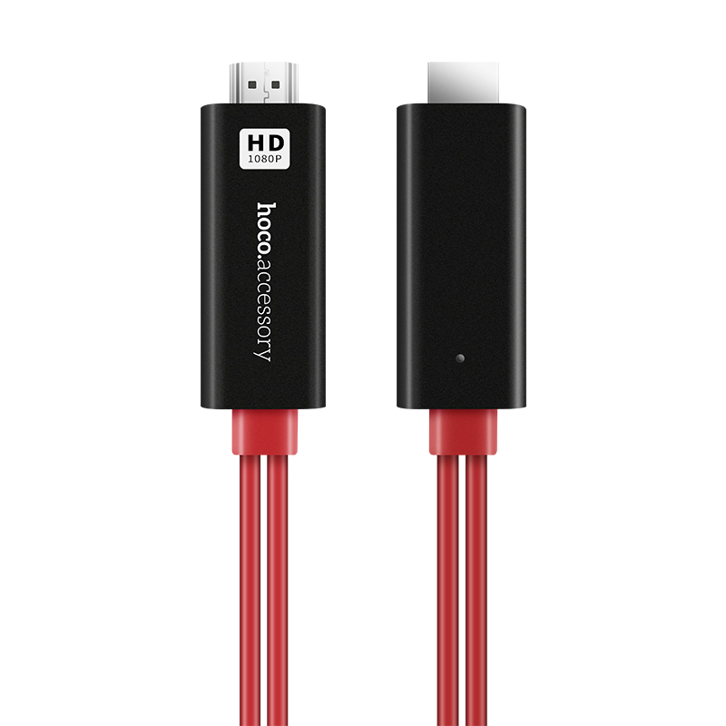 HOCO UA4 Apple lightning HDMI кабель-адаптер 2 метра 1080p выход 5V / 1A для вывода видео и аудио сигнала с устройств Apple с Lightning-разъемом, и питанием от USB-A, цвет красно-чёрный.