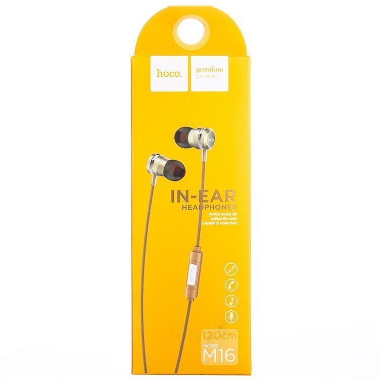 Гарнитура (наушники с микрофоном) проводная, HOCO M16 Metal In-Ear Headphones, цвет золотистый.