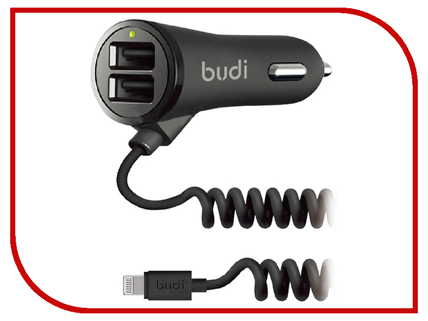 АЗУ "budi" 2.4A с двумя USB выходами 2.4A (M8J068L Rev.A00) с витым кабелем Lightning Apple 8-pin 1.8 метра, чёрного цвета.
