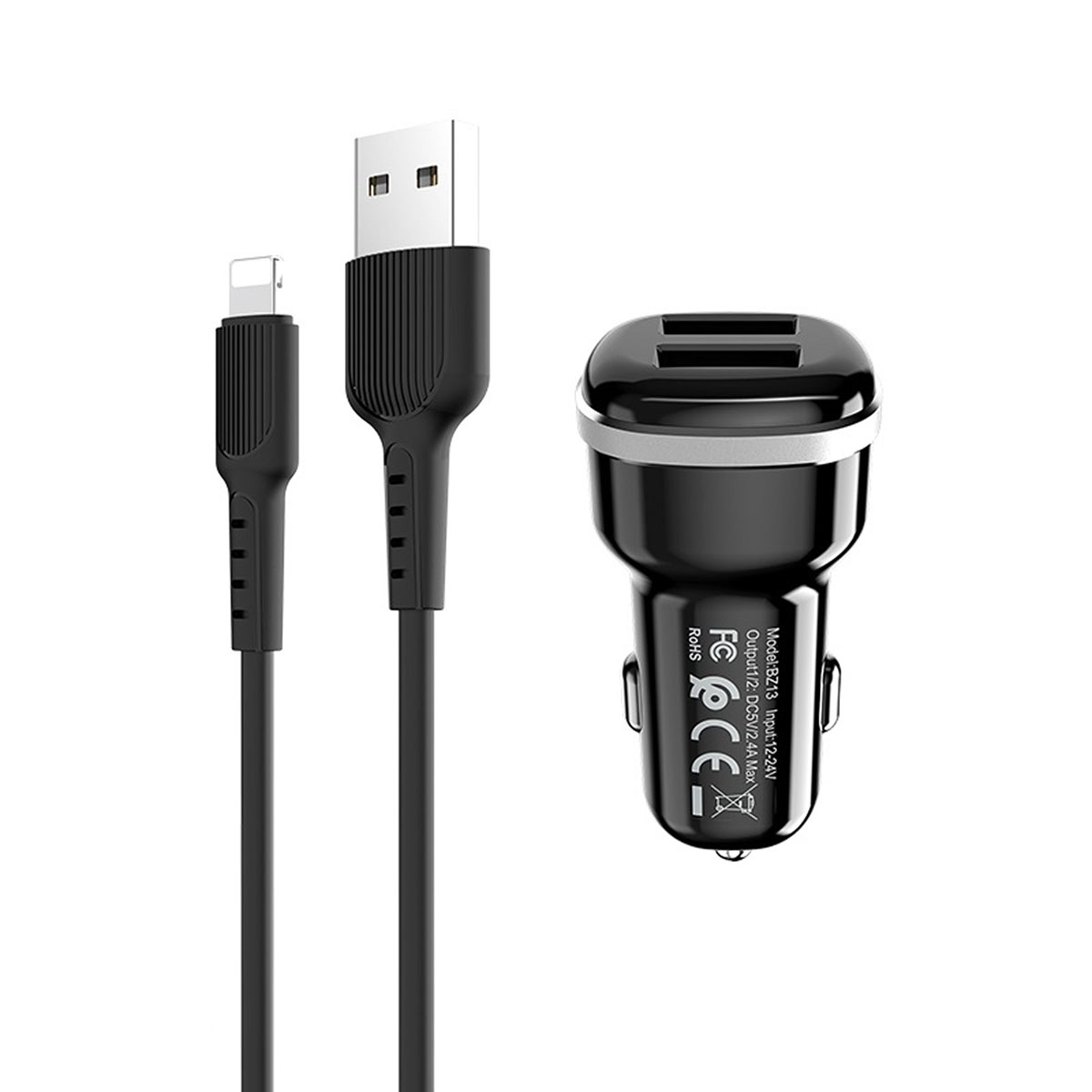 BOROFONE BZ13 Extreme АЗУ (автомобильное зарядное устройство) с двумя USB портами, набор с кабелем APPLE Lightning 8-pin, цвет черный.