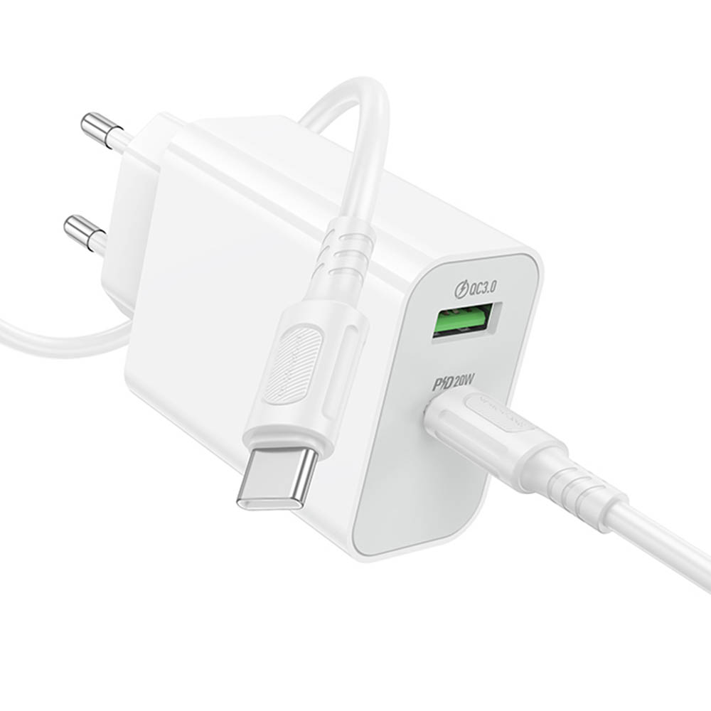 СЗУ (Сетевое зарядное устройство) c кабелем Type C на Type C BOROFONE BA106A Stellar, 20W, 1 USB A 18W, 1 USB Type C 20W, PD20W, QC3.0, цвет белый