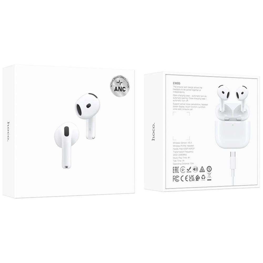 Гарнитура (наушники с микрофоном) беспроводная, HOCO EW85, ANC (Активное шумоподавление), цвет белый