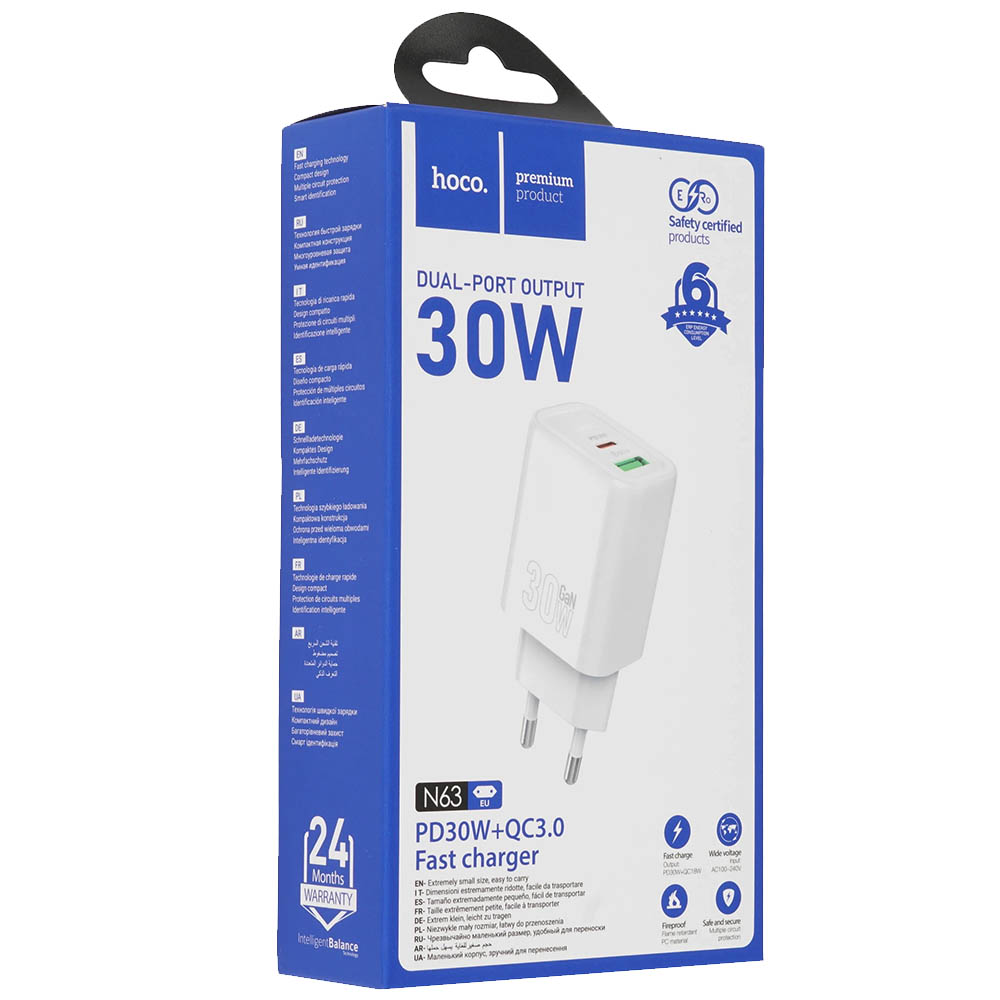 СЗУ (Сетевое зарядное устройство) HOCO N63, 30W, 1 USB Type C, 1 USB, QC3.0, цвет белый
