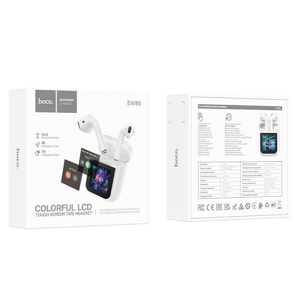 Гарнитура (наушники с микрофоном) беспроводная, HOCO EW80, сенсорный дисплей, цвет белый