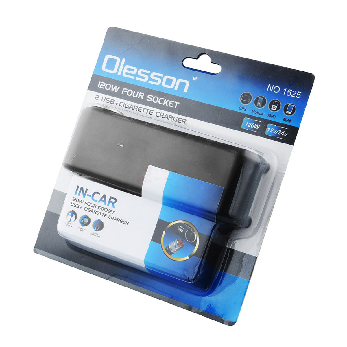 Автомобильный разветвитель OLESSON 1525, 120W, 12/24V, 4 выхода прикуривателя, 2 USB, цвет черный