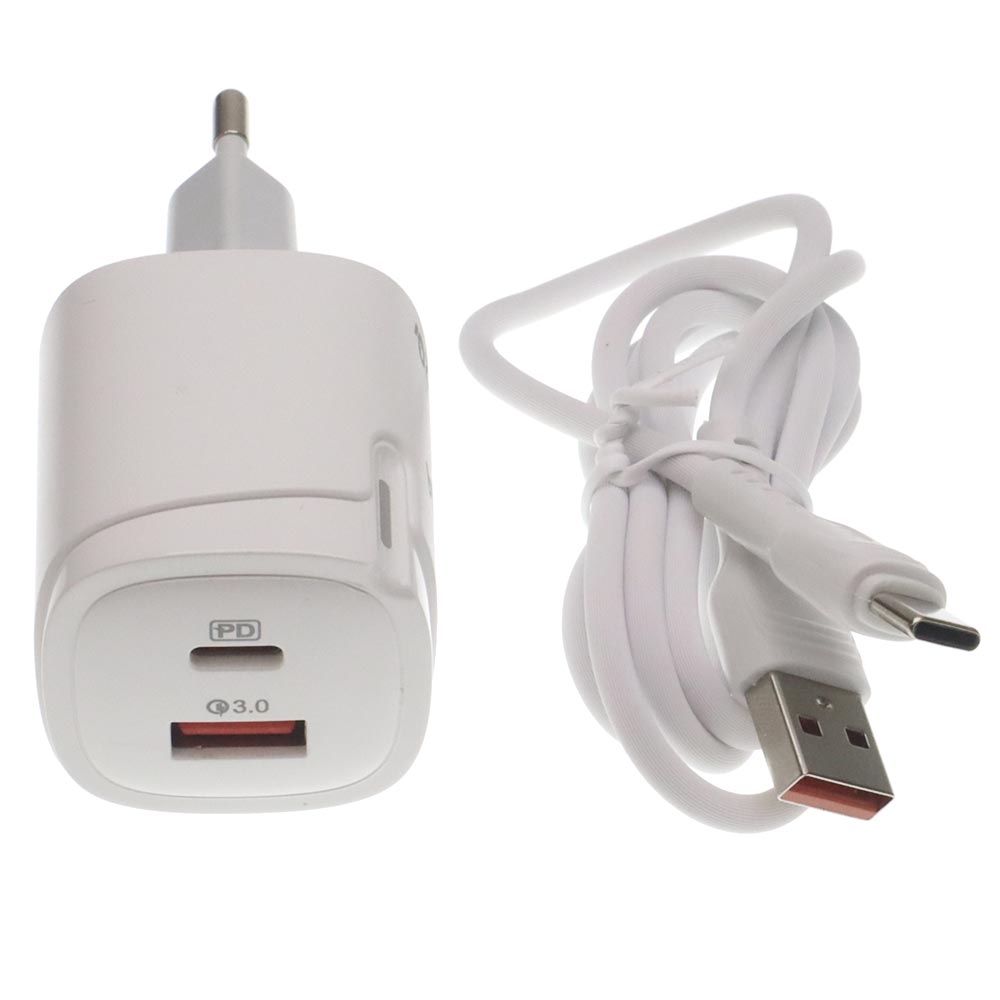 СЗУ (Сетевое зарядное устройство) KOOSDA KTC-NF03 с кабелем USB A на USB Type C, 20W, 1 USB A, 1 USB Type C, PD20W, QC3.0, длина 1 метр, цвет белый