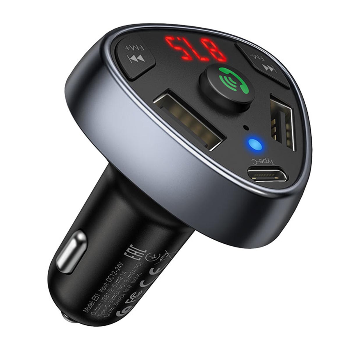 АЗУ (Автомобильное зарядное устройство) HOCO E51 Road treasure с FM-трансмиттером, 3.1A, 2 USB, 1 USB Type C, цвет черный