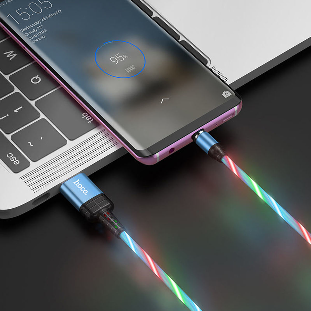 Магнитный зарядный кабель HOCO U90 Micro USB, LED подсветка, 2A, длина 1 метр, цвет синий
