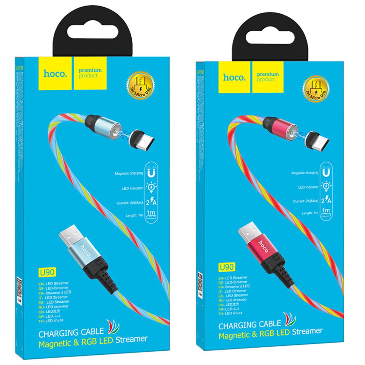 Магнитный зарядный кабель HOCO U90 Micro USB, LED подсветка, 2A, длина 1 метр, цвет красный
