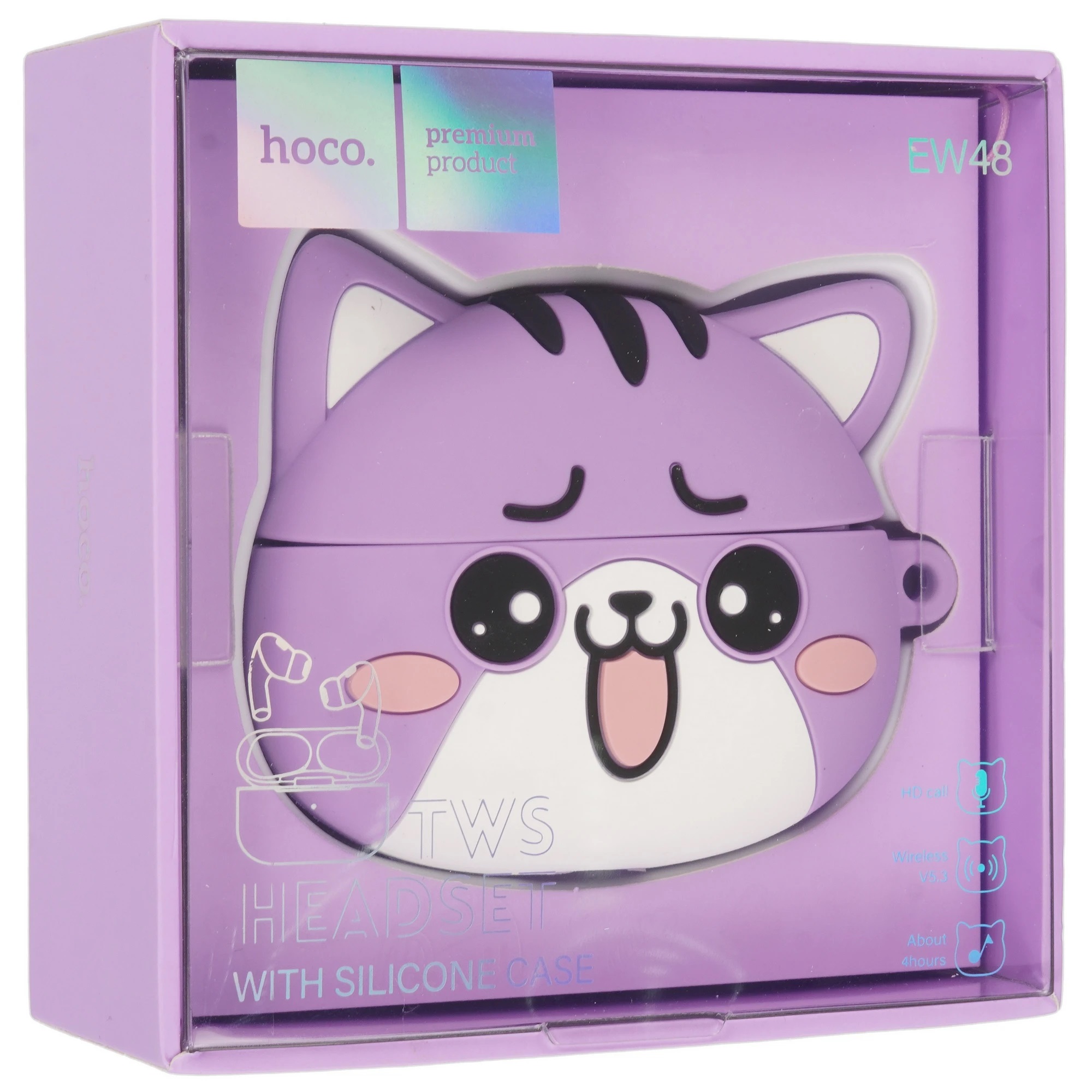 Гарнитура (наушники с микрофоном) беспроводная TWS HEADSET, HOCO EW48 Purple Cat, с силиконовым футляром сиреневый кот